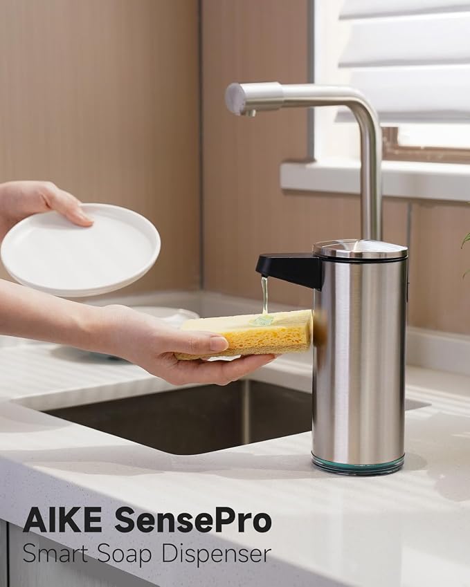 AIKE SensePro Automatic Soap Dispenser 12.8oz Spot Resist Stainless Finish | Type-C Charge with Months Long Standby Time, Adjustable 5 Levels Precise Dispense for Home Dish Soap and Hand Soap