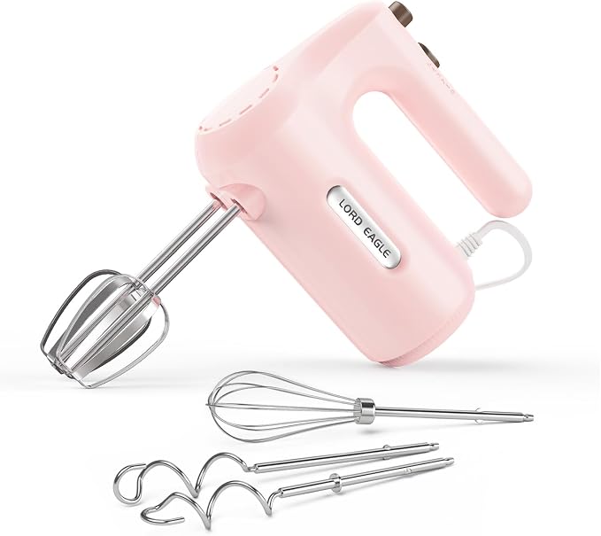 Lord Eagle 5-Speed Hand Mixer Electric, 300W Compact Handheld Mixer, Portable Kitchen Egg Beater with 5 Attachments & Storage Bag, Cake Supplies for Bread Dough Baking, Lightweight, Pink