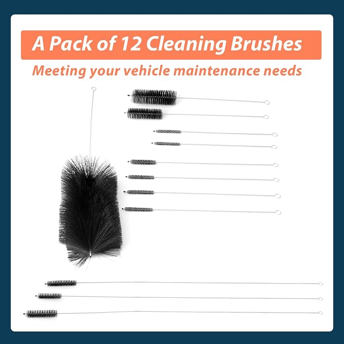 12Pcs 61820 Car Engine Cleaning Brush Kit Motor Alternators Bay Stainless Steel Wire Long Nylon Polishing and Cleaning Brushes Set Tool