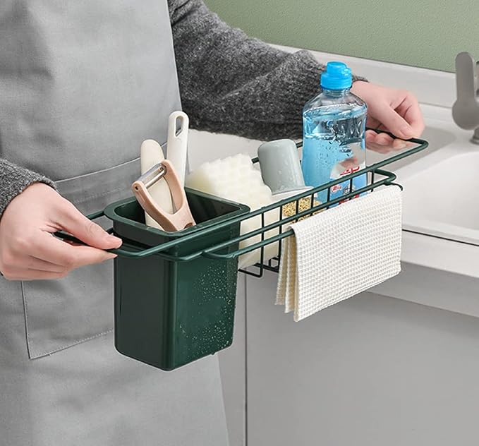 Wrought Iron Kitchen Sink Sponge Holder Drain Storage Rack Suitable for Sponge, Brush, Cloth, Cleaning Agent Green