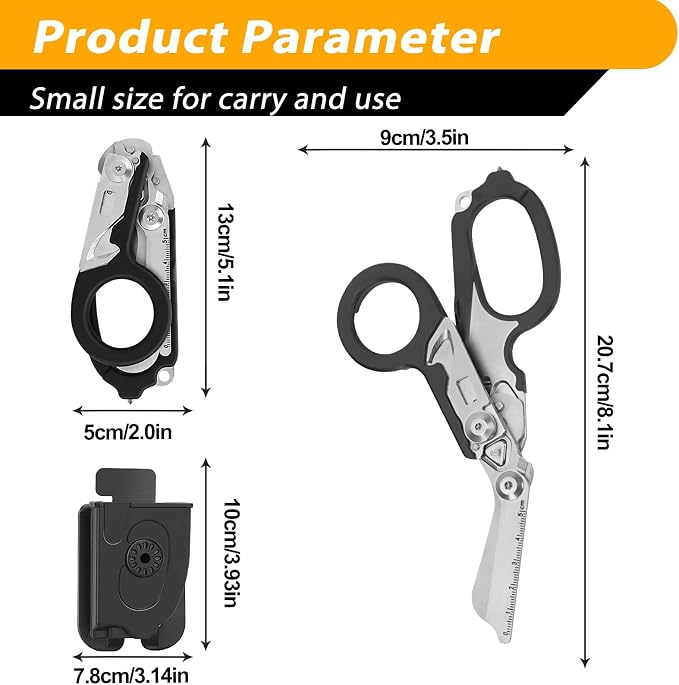 Lenporl Foldable Trauma Shears with Compatible Holster, Emergency Shears with Strap Cutter and Glass Breaker for Outdoor Camping Emergency Scissors Tools Black