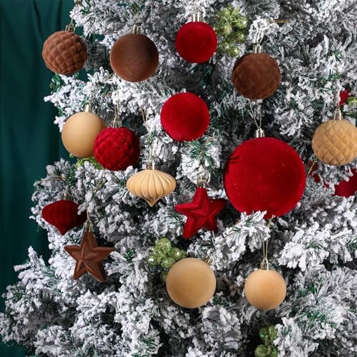 Hollowfly 95 PCS Velvet Christmas Tree Decor Set, Burgundy, Brown, Khaki