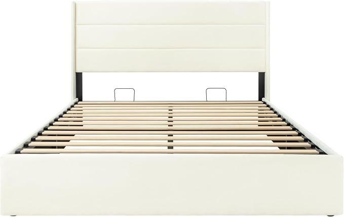 Allewie Full Size Chenille Lift Up Hydraulic Storage Bed Frame Cream White | Chenille Fabric Upholstered, Modern Wingback Headboard, Hydraulic Support Storage, No Box Spring Needed