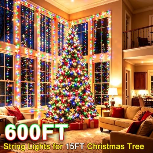 KNONEW 600FT 1500 LED Christmas String Lights Outdoor Green Wire Fairy Light 8 Modes & Timer Plug in Waterproof for Xmas Yard Tree Wedding Party Holiday Decorations(Multicolor)