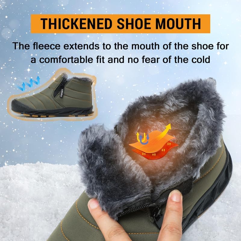 Hanani Mens Snow Boots Waterproof Winter Boots for Men Fur Lined Warm Ankle Boots Zipper Closure Slip on Outdoor Boot Comfortable Walking Shoes