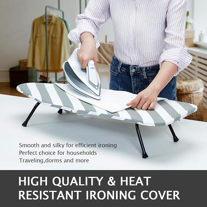 SheeChung Small Ironing Board 12"x32",Mini Ironing Board with Metal Mesh | Foldable,Tabletop,Hanging Hook,Cotton Cover,Heat Resistant Pad,Space Saving,Non-Slip Feet,Fits for Dorm Travel Sewing Room