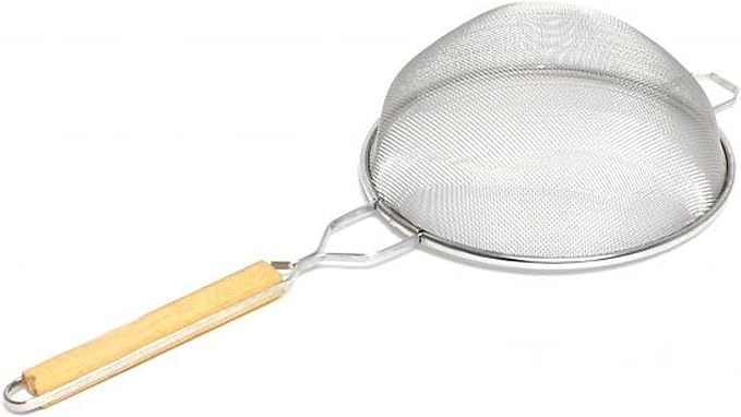 TrueCraftware- 10-Inch Single Fine Mesh Strainer Stainless Steel 10-3/4" Handle Length Wooden Handle- Kitchen Utensil Food Strainer Skimmer Spoon for Cooking Sieve Sifters Rice Pasta Fruits Vegetable