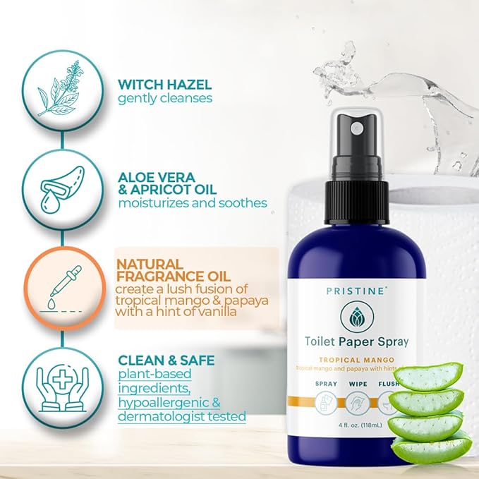 PRISTINE Toilet Paper Spray, As Seen on Shark Tank, Flushable Wipe Alternative, Personal Cleansing Bathroom Spray for Regular Toilet Tissue, Bidet Alternative, Made in USA, Tropical Mango, 1oz Travel