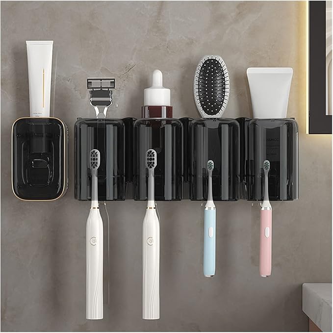 Toothbrush Rack Couple Toothbrush Holder Wall Mount Toothbrush Holder Bathroom Storage Rack with Mouthwash Cup, Toothpaste Squeezer Kit Bathroom Toothbrush Holder(B,Medium)