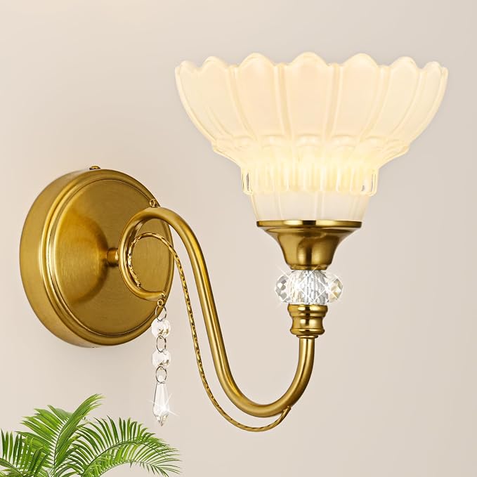 1 Piece Vintage Wall Sconce, 1-Light Brushed Gold Finish Wall Sconce with Hanging Crystal Accents and Flower-Shaped White Shades for Bathroom Bedroom Living Room,Vintage Vanity Light