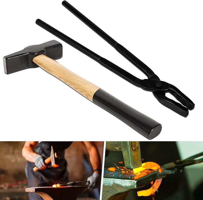 Upgraded Blacksmith Wolf Jaw Tong & Professional Blacksmiths’ Hammer Set, Replace Cross-Peen Swedish Pattern Hammer (16 inch set)