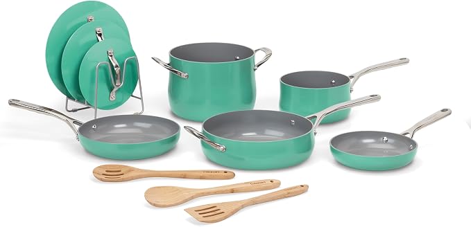 Cuisinart Ceramic Cookware Set, Nonstick 12-Piece Pots and Pans Set for Even Heat Cooking, Dishwasher Safe, Stainless Steel Handles & Easy Cleanup, Teal, 34C-12TL