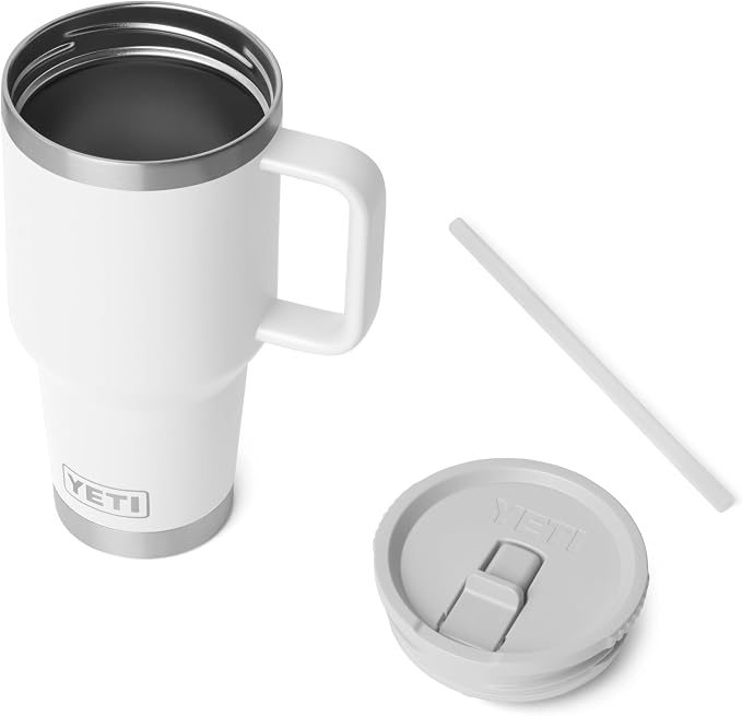 YETI Rambler 30 oz Travel Mug with Flip Straw Lid – Stainless Steel, Vacuum Insulated, Leakproof, Cup Holder Friendly, White