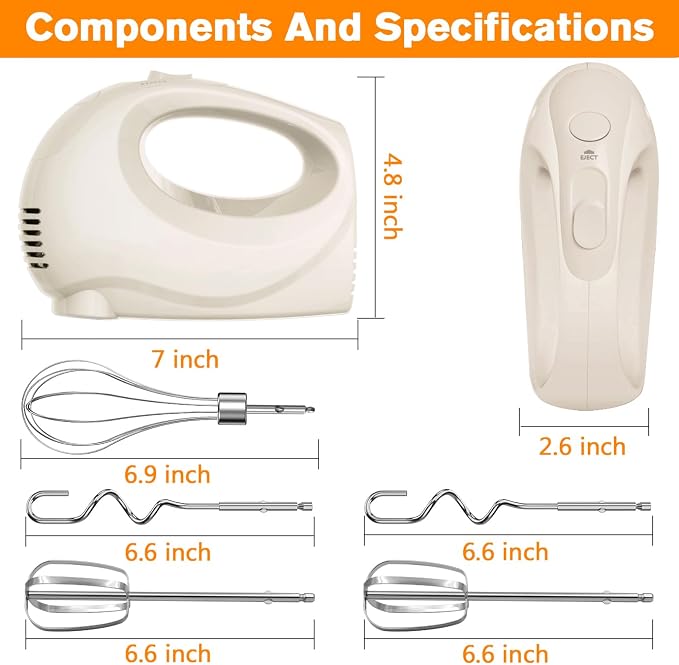 Handmixer Electric Handheld - 5 Speed Portable Kitchen Mixer Electric with 5 Stainless Steel Accessories Whisk, Food Beater for Whipping Mixing Cookies(Beige)