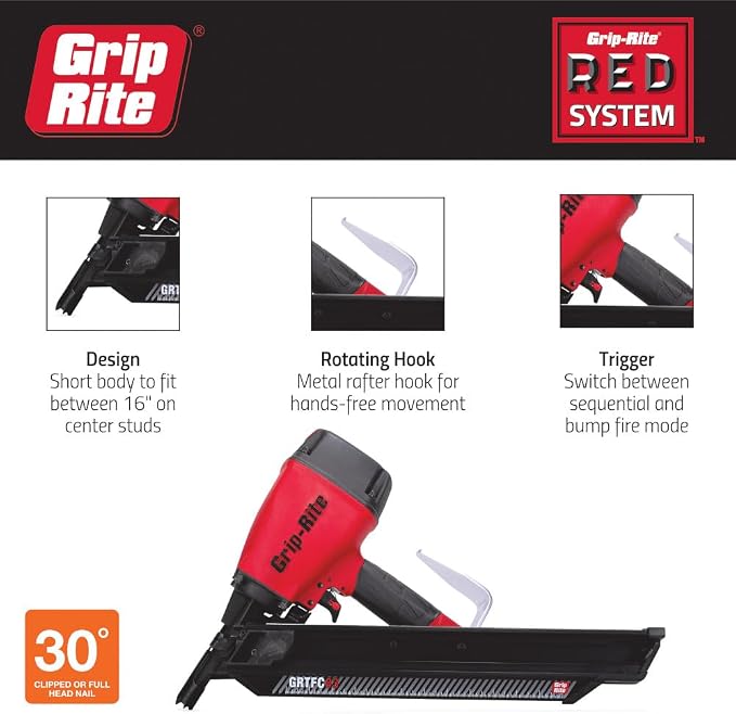 Grip-Rite GRTFC83 30-Degree Short Body Paper Tape Framing Nailer, Accepts 2" to 3-1/4" Clipped and Round Head Paper Tape Framing Nails