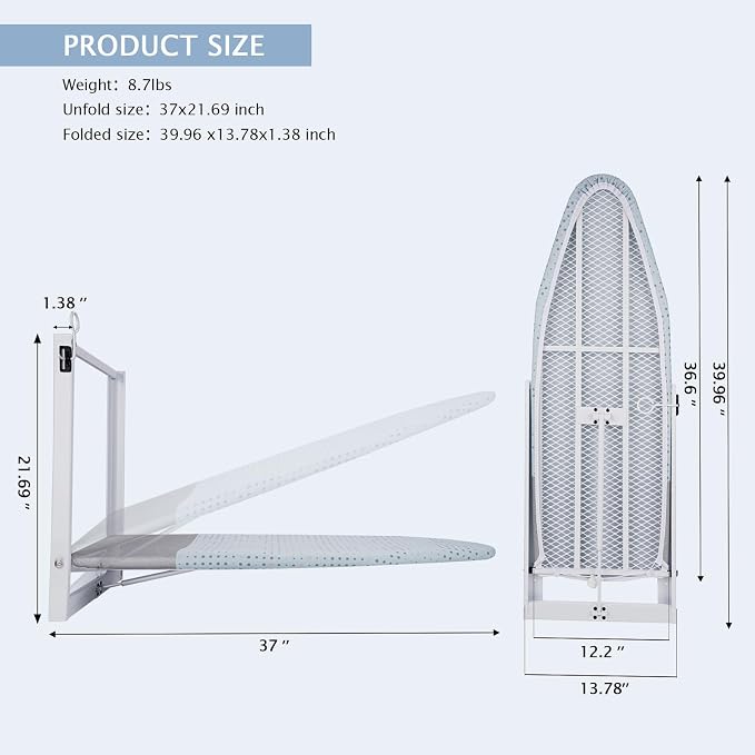 SheeChung Wall Mount Ironing Board 36"X12",Compact Wall Ironing Board,Blue | Removable Cotton Cover and Pad,Fold Down Ironing Board,Steel Mesh,Easy-Release Lever,Fits for Small Space Laundry Apartment