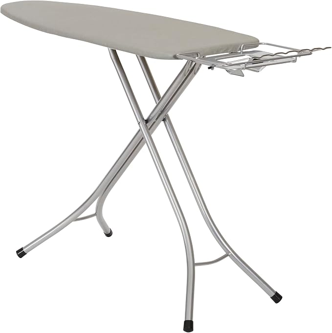 Household Essentials Wide Top Ironing Board with 4‑Leg Steel Frame, Fixed Iron Rest, Silicone‑Coated Cotton Cover, Grey