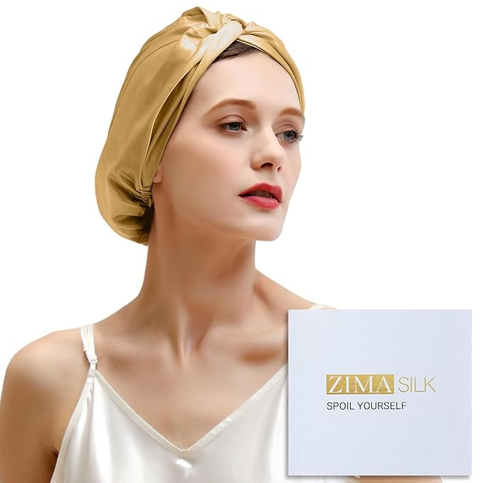 ZIMASILK 100% 22 Momme Mulberry Silk Bonnet for Sleeping Women, Breathable Silk Hair Wrap for Premium Hair Protection - Reducing Friction (1Pc, Gold)
