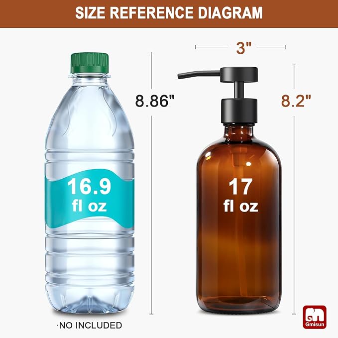 GMISUN Amber Glass Soap Dispenser, 4 Pack Bathroom Hand Soap Dispensers with Stainless Steel Flat Pump, 17 Fl Oz Kitchen Dish Soap Dispenser, Modern Vintage Liquid Brown Soap Dispensers Bottle Set