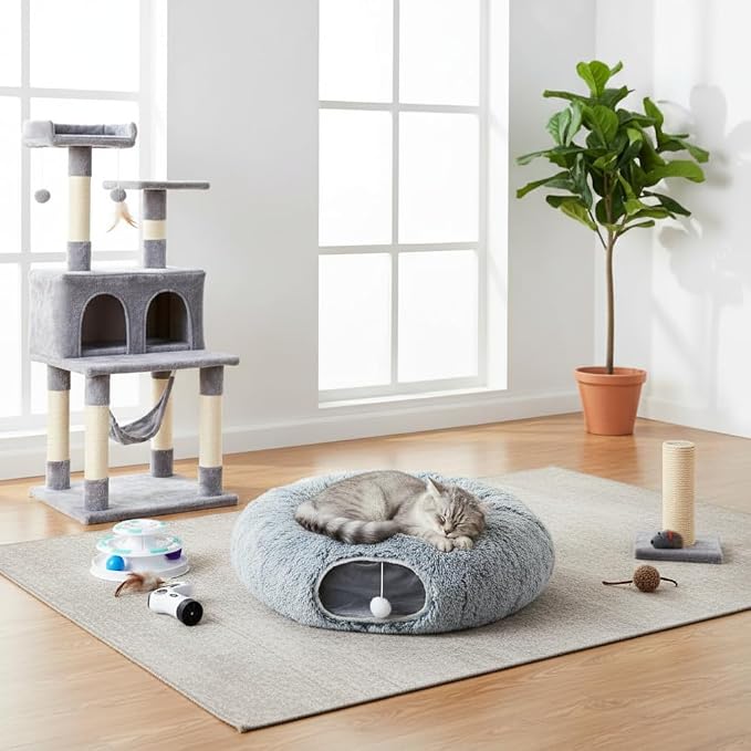 AUOON Plush Cat Tunnel Bed for Indoor Cats, 36" L x 36" W x 11.5" H, Gray | 2 in-1 Interactive Cat Toy, with Hanging Ball Toy, Machine Washable Center Pad, for Kitten Puppy Rabbit Ferret