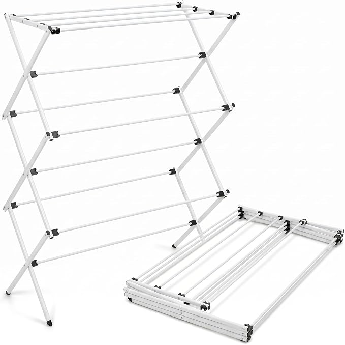 Honey-Can-Do Oversized Clothes Drying Rack, 35" Wide, 50 lb, White | Extra-wide 35" family-size rack holds 50 lb of wet laundry. Rust-resistant steel folds flat; indoor or outdoor use.