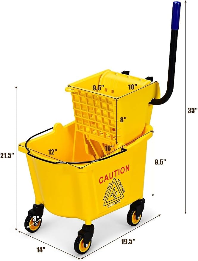 Mop Bucket, Commercial Bucket for Mopping on Wheels with Potable Handle, Mop Bucket with Wringer for Home, Household, Office, Bathroom, Yellow (25 Quarts)