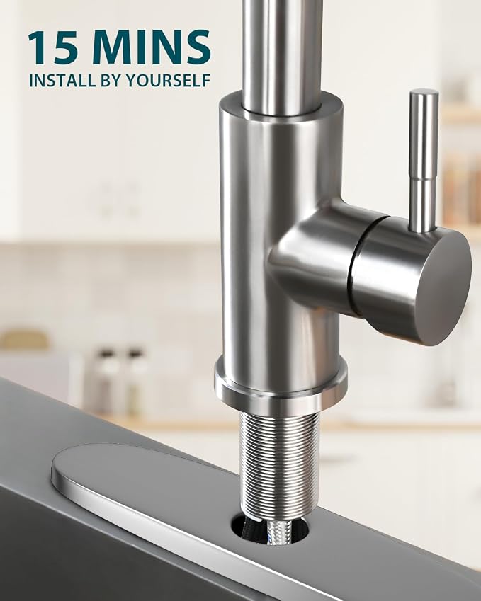 Hiqufet Kitchen Faucet, Pull Down Sprayer, Brushed Nickel, Deck Plate | Easy Install, 360 Swivel, 3 Spray Modes, High Arc Spout, SUS304 Stainless Steel, Fits RV/Laundry/Bar Sinks