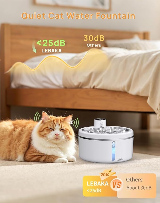 Wireless Cat Water Fountain [with Stainless Steel Tray], 84oz/2.5L Pet Fountain for Cats Inside, Cat Fountain for Drinking