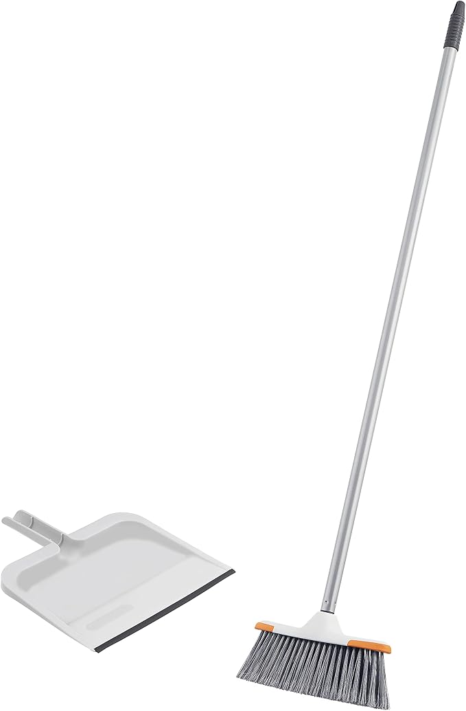 Superio Angle Broom and Clip-On Dustpan Set, Slim Hand Broom Telescopic Handle 53 Inches Tall, Clip On Dust Pan with Low Edge Rubber Lip