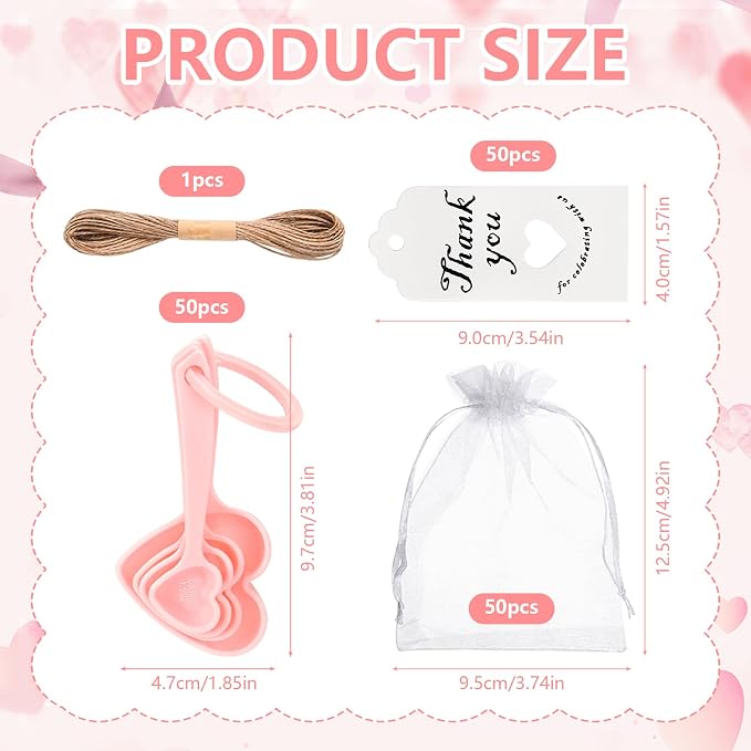 50 Set Heart Measuring Spoons: Wedding Bridal Shower Bulk Favors | Plastic heart measuring spoons with bags and cards. Practical souvenirs for wedding guests and bridal shower favors
