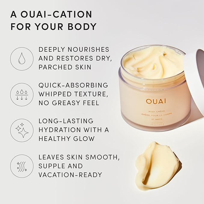OUAI Body Cream, St. Barts - Hydrating Whipped Body Cream with Cupuaçu Butter, Coconut Oil and Squalane - Softens Skin and Delivers Healthy-Looking Glow - Sulfate-Free Skin Care (7.5 Oz)