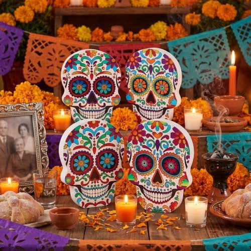 DECSPAS Day of the Dead Decor, 4 PCs Wood Block Sugar Skulls Dia De Los Muertos Decorations, Wooden Skeleton Tiered Tray Decor for Altar, Ofrenda, Home, Table, Mantle, Mexican Fiesta