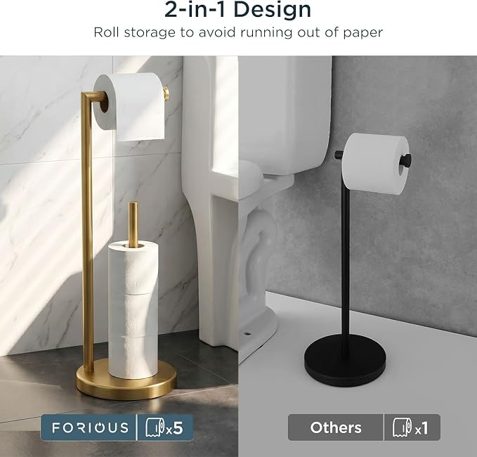FORIOUS Toilet Paper Holder Stand, Modern Freestanding Tissue Roll Holder for Bathroom, Durable 304 Stainless Steel and Weighted Base Toilet Paper Stand, toilet paper storage for 4 Rolls, Brushed Gold