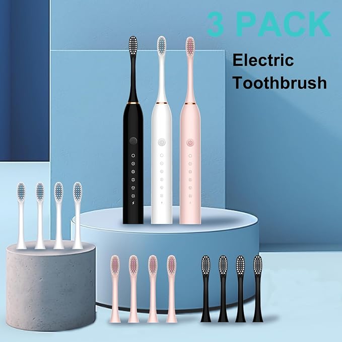 3 Pack Electric Toothbrush for Adults,6 Mode Rechargeable Electric Toothbrushes with 12 Replacement Brush Head, Fast Charge 2 Min and 30s Timer for Travel Business