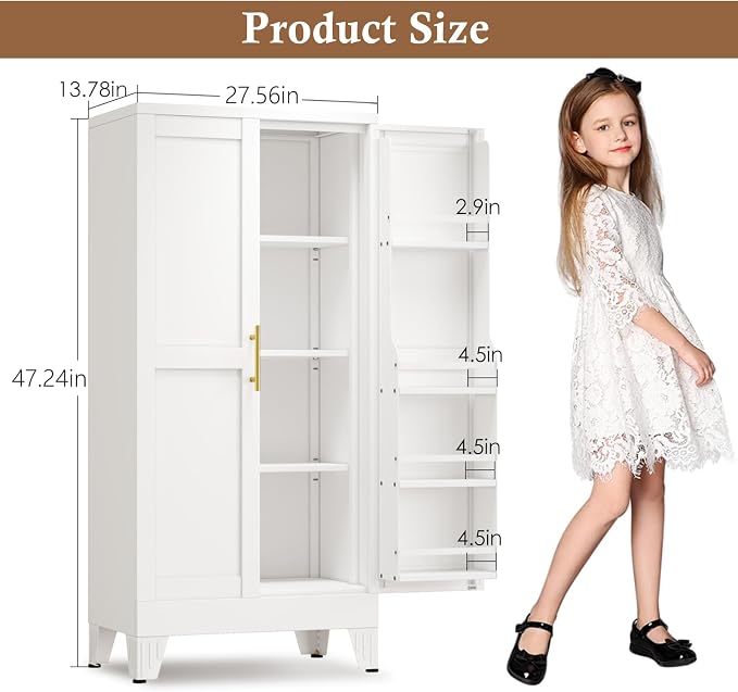 GAIOUS Metal Kitchen Pantry Cabinet, Food Storage Cabinets White Cupboard | Storage Cabinet with 2 Door and 3 Adjustable Shelves, Freestanding Steel Sideboard, with Door Shelf, for Kitchen Dinning Room