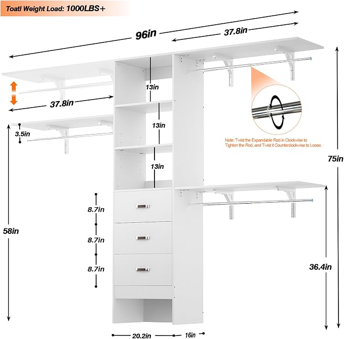 Armocity 96" Wood Closet System with 3 Enclosed Drawers & 3 Solid Shelves, 8FT Adjustable Closet Organizers and Storage, Heavy Duty Modular Wardrobe for Reach-In & Walk-In, 1000 LBS Load, White