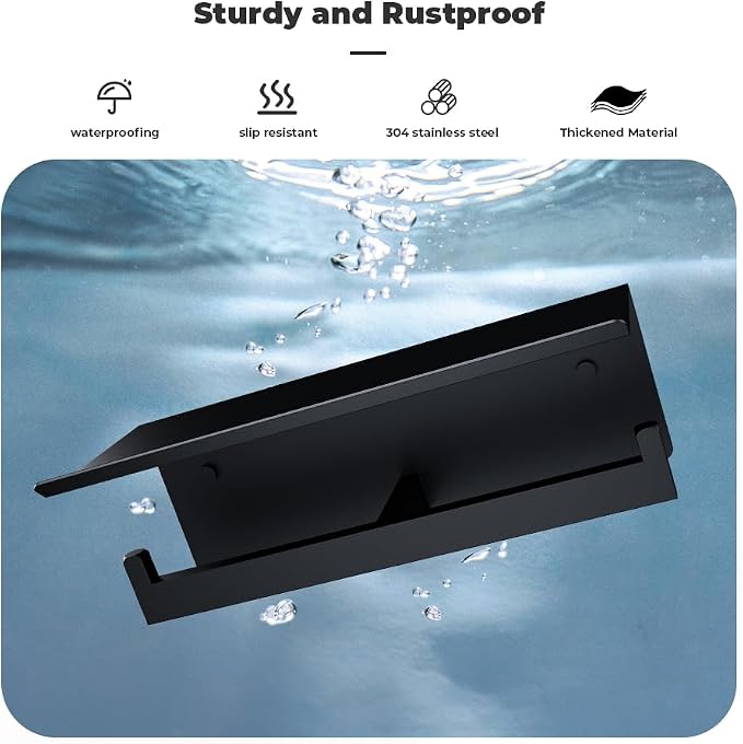 Double Toilet Paper Holder with Shelf, FreshGlow Tissue Holder Matte Black, Wall Mount Commercial Toilet Paper Dispenser Phone Shelf Stainless Steel, Tissue Roll for Bathroom