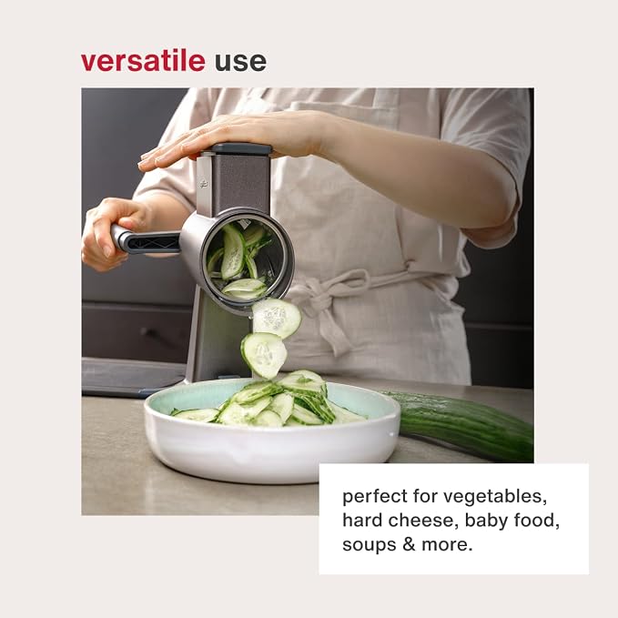 Zyliss Rotary Grater - Includes Universal, Gourmet, Puree & Julienne Drums for Grating Cheese, Vegetables, Chocolates & Nuts - Includes Non-Slip Suction Foot & Table Clamp - 6 Steel Drums