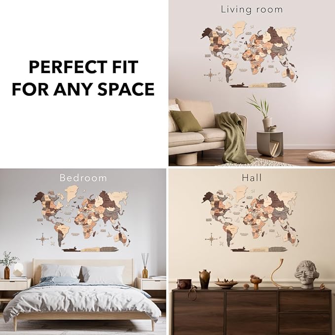 Enjoy The Wood 3D Wooden World Map Wall Art - Large Travel Map with Pins for Art Decor - Decorative Map of the World for Home, Office - Travel Wall Art Housewarming Gift Idea (Smokey, L, Unframed)