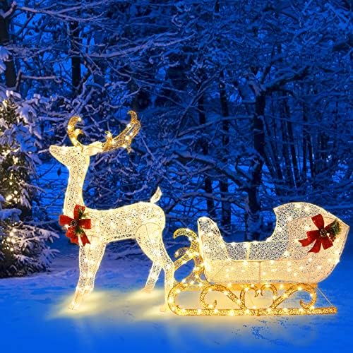 Tangkula 6 FT Christmas Lighted Reindeer & Santa’s Sleigh Set, Warm White