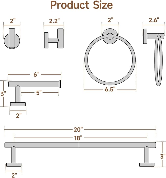 USHOWER Matte Black Bathroom Hardware Set, Modern 18-Inch Towel Bar Set Wall Mounted, Durable SUS304 Stainless Steel Bathroom Accessories Set, 8-Piece