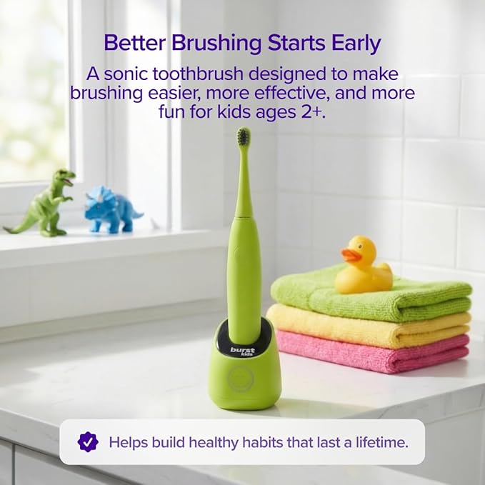 Burst Kids & Toddlers Electric Toothbrush (Green) | Soft Bristles | Two Minute Timer | Rechargeable Battery | Easy-Grip Silicone Handle | 2 Modes for Healthy Smiles | Ages 3+