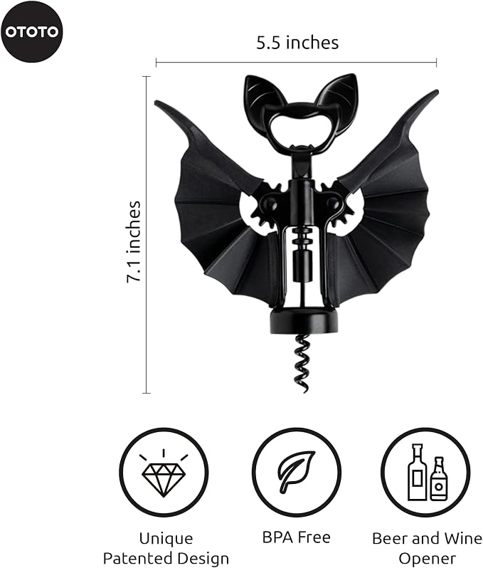 OTOTO Vino Spooky Bat 2-in-1 Wine & Beer Opener, Corkscrew & Bottle Opener, Batlicious Oven Mitts and Pot Holders Sets - Heat Resistant Trivets