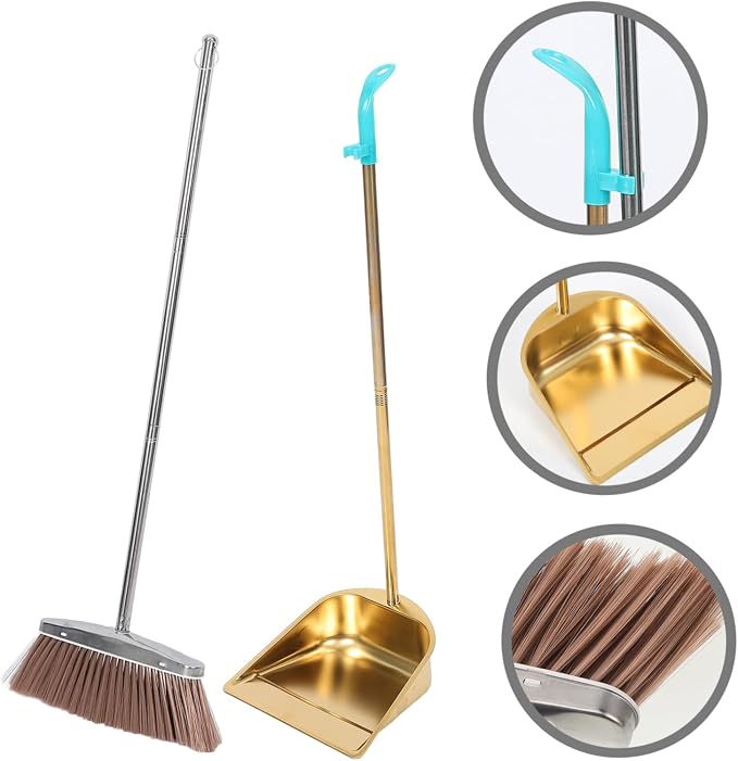 Unomor Heavy-Duty Stainless Steel Broom and Dustpan Set Thick Gold Dustpan for Home Cleaning Sturdy Indoor Broom Ergonomic Handle for Kitchen and Office Use