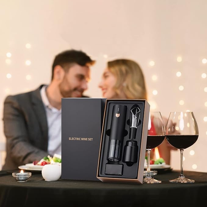 Wine Gifts-Electric Wine Opener-Automatic Wine Opener Rechargeable-Cordless Electric Corkscrew-Wine Bottle Opener with Foil Cutter, 2 in 1 Aerator Pourer, Vacuum Stopper, Gift Box