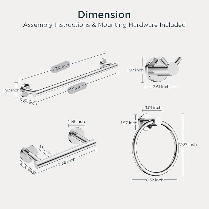 FORIOUS Bathroom Hardware Accessories Set, SUS304 Stainless Steel Towel Bar Set, Modern Towel Racks Holder for Bathroom, Toilet Paper Holder Wall Mounted 4 Pieces(18" Bar, Chrome)