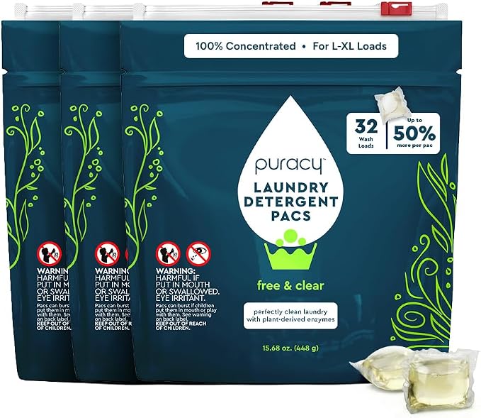 Puracy Laundry Detergent Pods with 2 Bio-Powered Enzymes, Free and Clear for Sensitive Skin, Non Toxic Richly Concentrated Washing Detergent Pods, 32 Ct (Pack of 3)