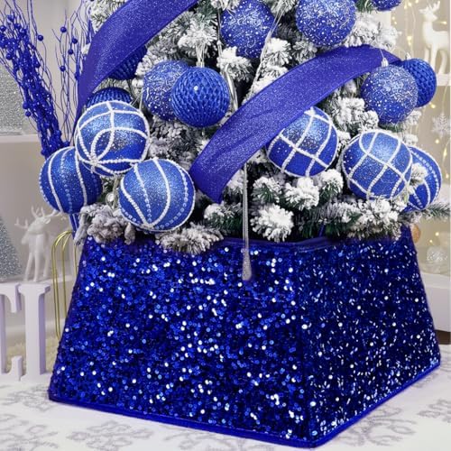 XmasExp Christmas Tree Collar, 24 inch Sequin Tree Skirt Stand Base Cover for Home Decor, Medium Size 4 Piece, Blue