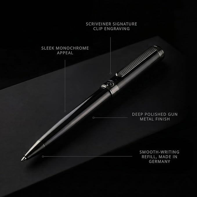 Scriveiner Gun-Metal Lacquer Ballpoint Pen - Stunning Luxury Pen, Schmidt Black Refill, Best Gift Set for Men & Women, Professional Executive Office, Nice Fancy Designer Pens