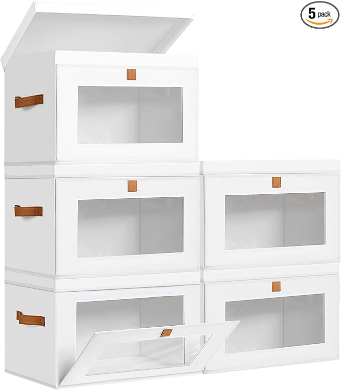 DIMJ Storage Bins with Lids - 5 Pack Large Fabric Closet Organizer with Window & Handles, Collapsible Decorative Storage Boxes for Shelves Under Bed, Books Clothes Blankets Sweaters Organization